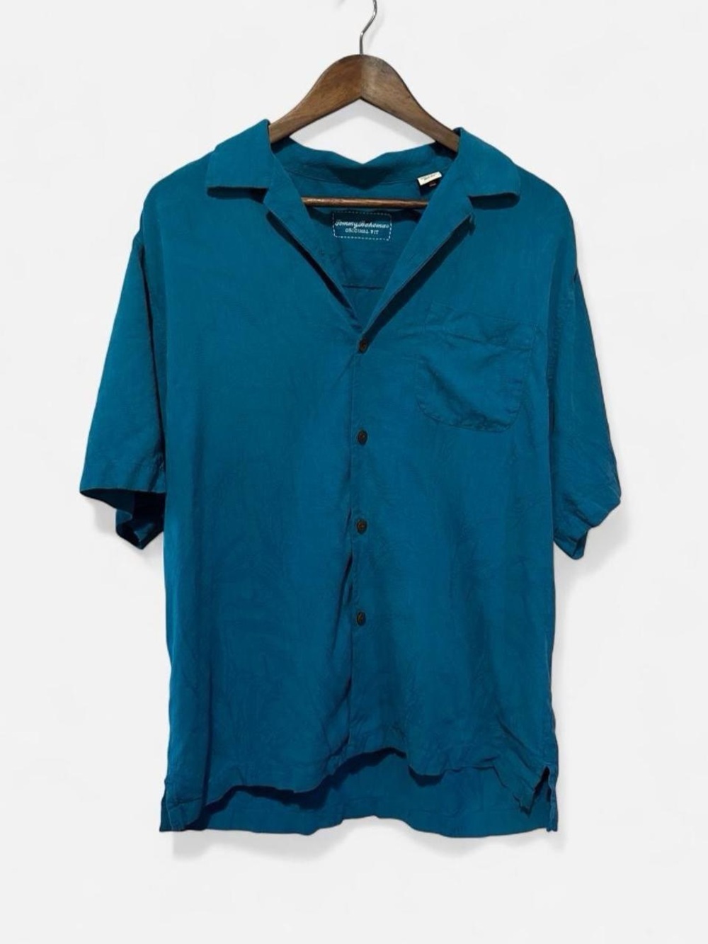 Tommy Bahama Mens Medium 100% Silk Teal Jacquard Short Sleeve Button Down